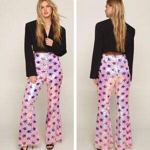 Nasty Gal Pink Purple Star Sequin Flare Pants NWT Size Small (US 6) Festival